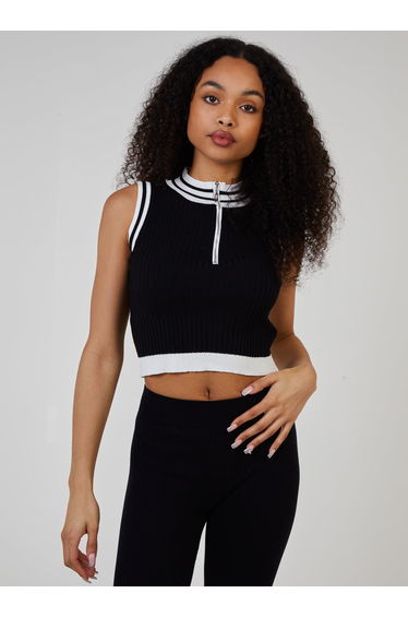 Half Zip Striped High Neck Sleeveless Crop Top