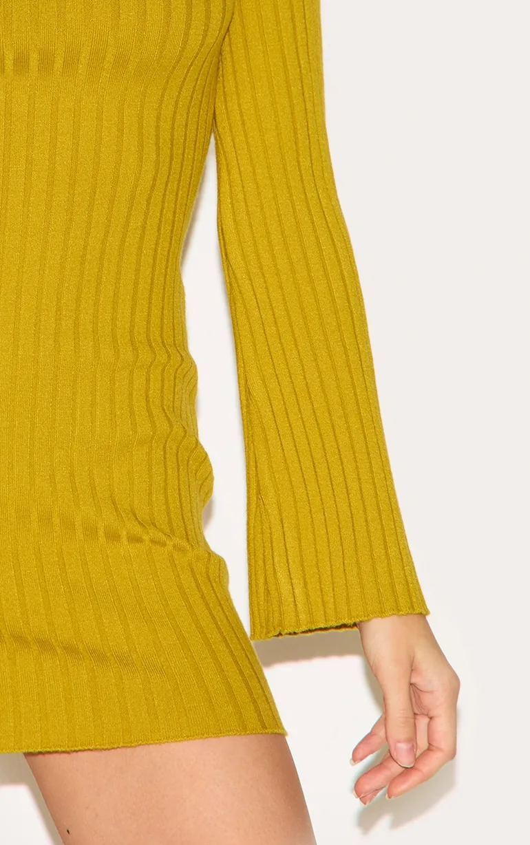 Olive Ribbed Knit Mini Dress - 3
