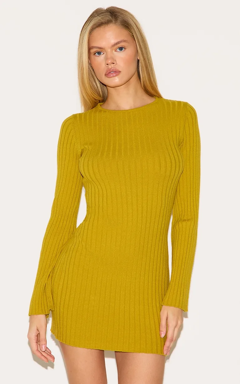 Olive Ribbed Knit Mini Dress - 1