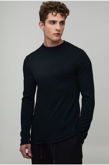 Muscle Fit Long Sleeve Soft Touch Knitted T-Shirt - black