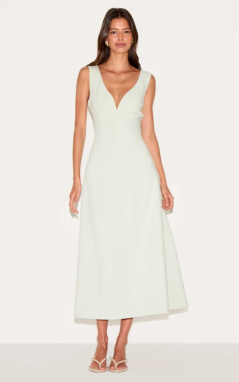 Sage Green Tailored Woven Plunge Button Down Midaxi Dress Prettylittlething  : Evening Dresses : VogaCloset Bahrain