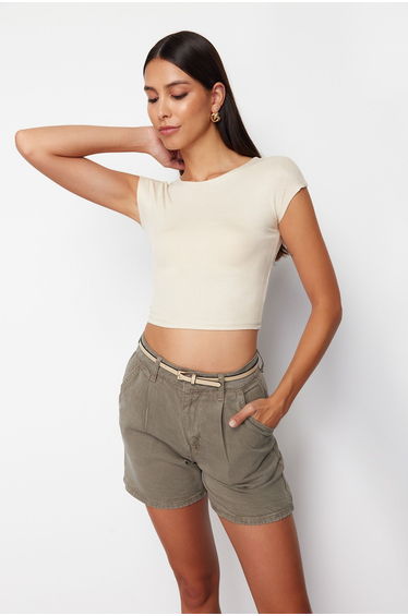 Stone Crew Neck Moon Sleeve Crop Knitted Blouse