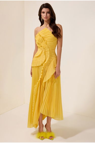 Pleated Frill Halter Neck Midi Dress