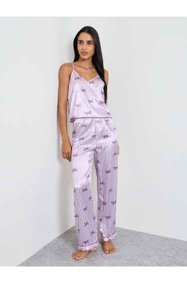 Purple Bow Striped Print Satin Cami and Pyjama Set