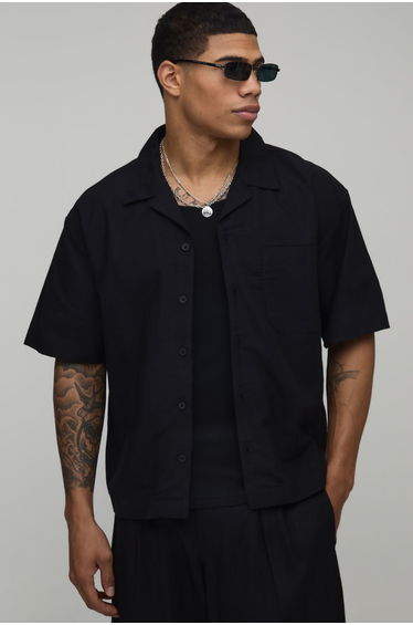 Oversized Boxy Fit Short Sleeve Linen Blend Shirt - black