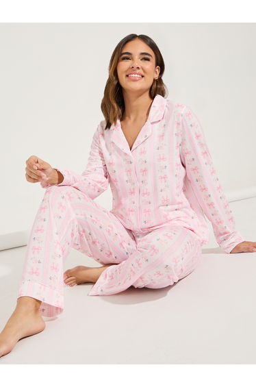 Linear Bow Print Long Sleeve Shirt and Pyjama Set