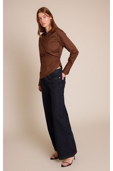Dark Chocolate Ruched Wrap Detail Long Sleeve Shirt