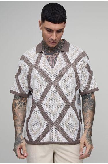 Tall Relaxed Crochet Tapestry Knitted Polo - taupe