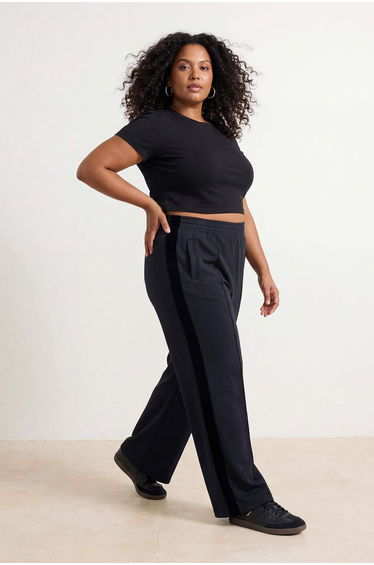 Navy Blue Side Stripe Detailed Wide Leg Comfortable Flowy Plus Size Sweatpants