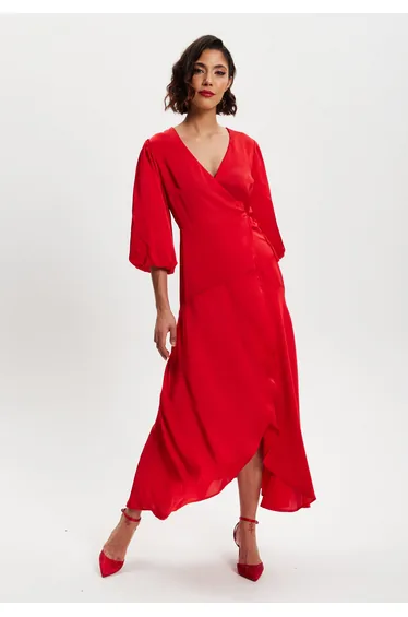 فستان ميدي بتصميم لف بأكمام قصيرة منفوخة لون أحمر