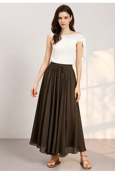 Wispy Self-Tie Waist Asymmetrical Hem Maxi Skirt in Brown