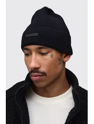 Ribbed Beanie With Rubber Tab - black
