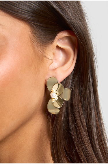 Gold Flower Pearl Earrings - gold