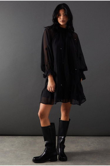 Premium Chiffon Tie Neck Moon Embellished Mini Smock Dress