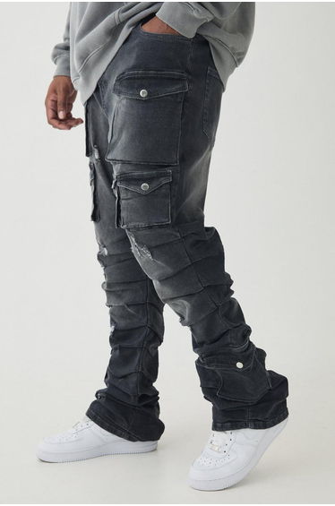 Plus Stacked Multi Cargo Pocket Flared Jeans - grey