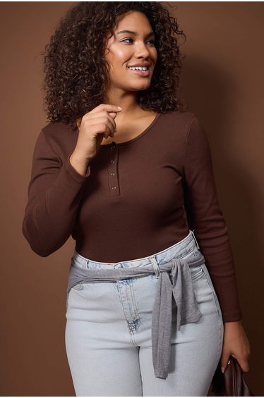 Dark brown ribbed knit plus size blouse