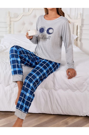 Grey Moon Star Graphic T-Shirt and Checked Pyjama Set