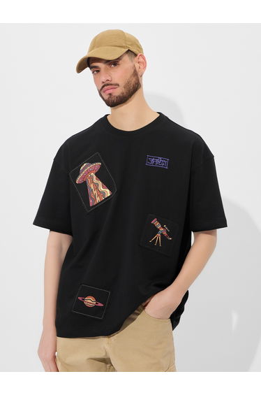 Black Patch Detail Cotton Oversized T-Shirt