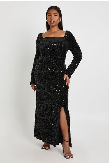 Plus Square Neck Long Sleeve Dress - black