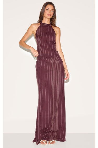 Dark Brown Embroidered Stripe Maxi Skirt