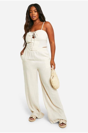 Plus Linen Lace Up Corset Top - stone