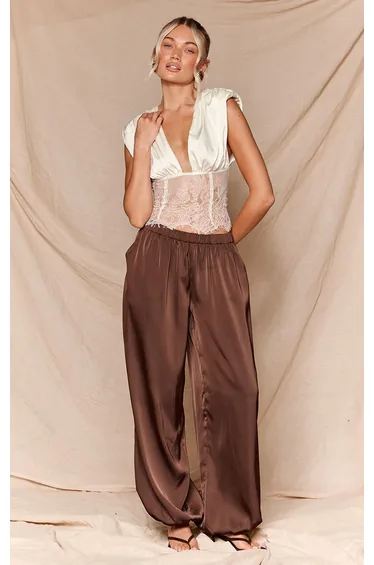 Cream Chiffon Lace Contrast Plunge Top