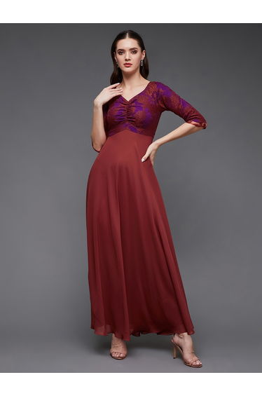 Lace Overlaid Ruched A-Line Maxi Dress