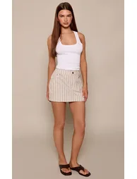 Beige Stripe Woven Mini Skirt - 1