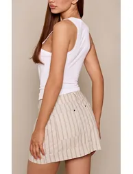 Beige Stripe Woven Mini Skirt - 2