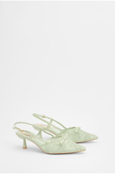 Kitty Lace Slingback Bow Detail Kitten Heel Court Shoes