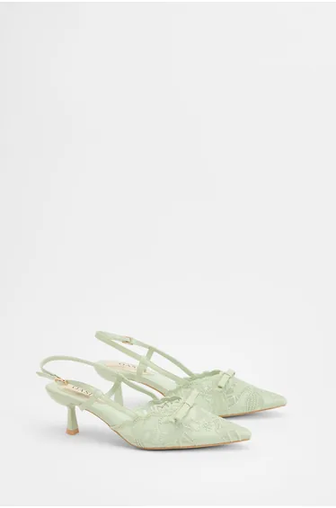 Kitty Lace Slingback Bow Detail Kitten Heel Court Shoes