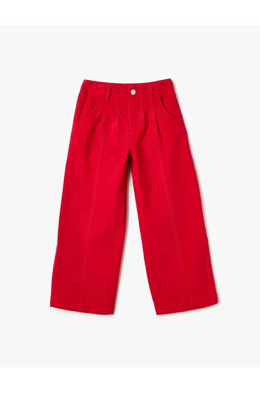 Wide Leg Jeans Stitch Detail Pocket Buttoned Cotton