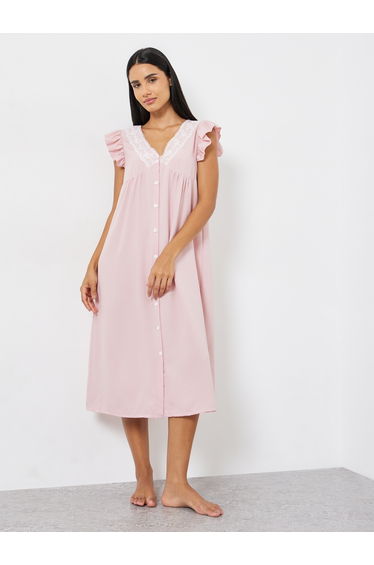 Button Detail Lace Trim Ruffle Sleeve Nightdress