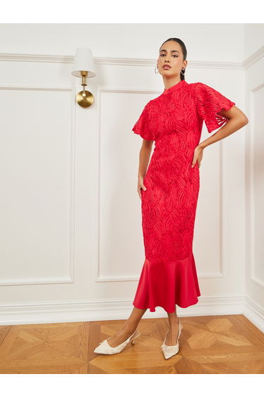 Red Lace Short Sleeve Mermaid Hem Midi Dress
