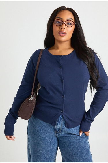 Plus Crew Neck Button Through Cardigan - navy