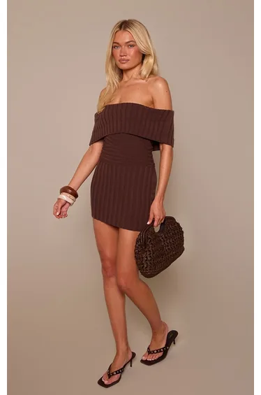 Chocolate Ribbed Knit Bardot Mini Dress