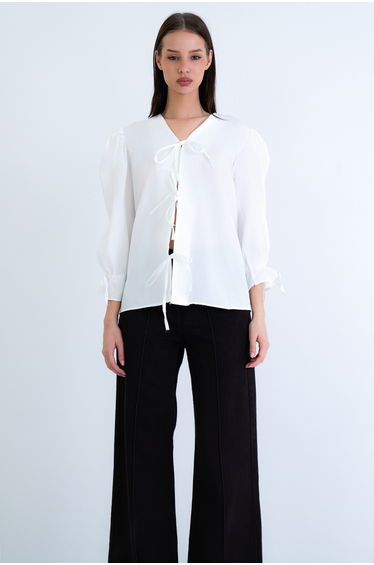 Women's White V-Neck Poplin Blouse with Tie Detail on Front and Sleeves