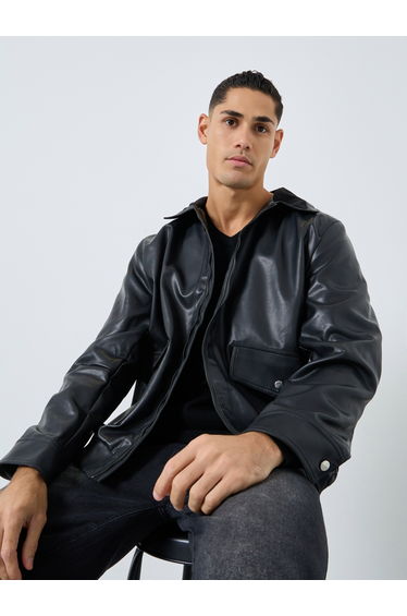 Men Black Solid Faux Leather Jacket