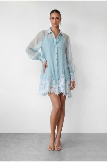 Blooming Love Blue Puff Sleeve Lace Trim Mini Dress