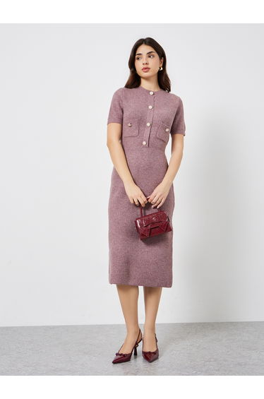 Pink Knit Midi Dress with Button Detail