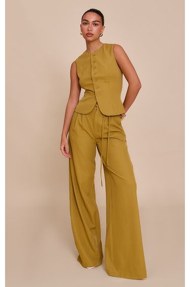 Deep Mustard Tailored Tie Detail Woven Wide Leg Trousers