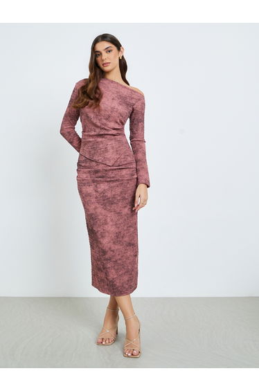 Women Maroon One Shoulder Bodycon Midi Dress