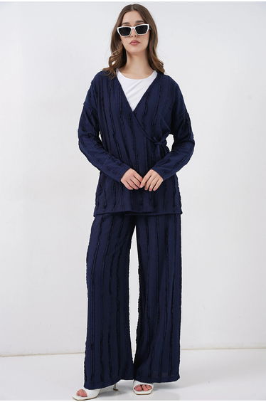 BDART Textured V-Neck Tie Detail Kimono & Wide Leg Pants Set