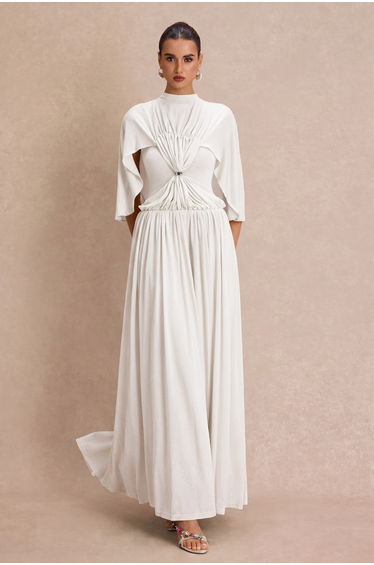 Gathering Metal Decorations Cape Sleeve Maxi Dress