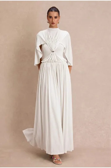 Gathering Metal Decorations Cape Sleeve Maxi Dress