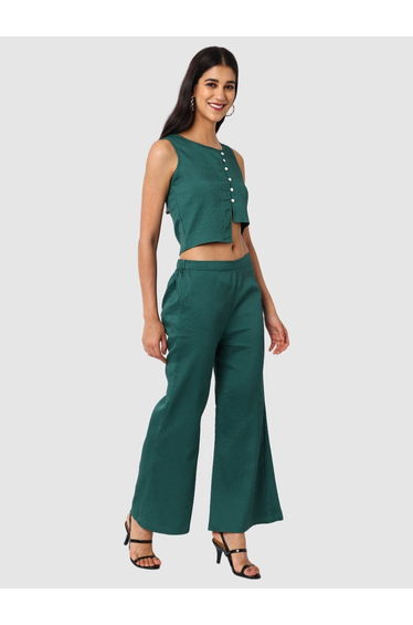 Green Textured Crop Top and Flare Trousers Co-Ords