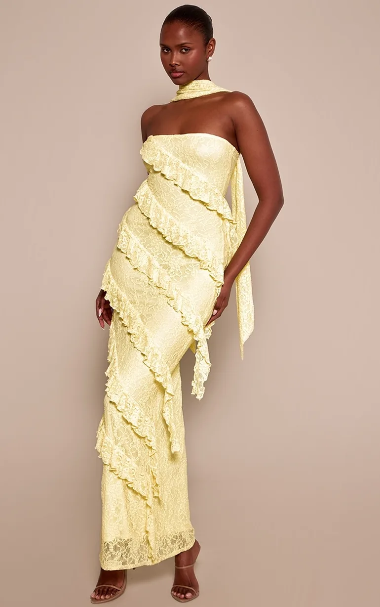Lemon Lace Asymmetric Frill Scarf Maxi Dress - 1