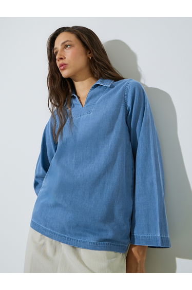 Blue Open Collar Denim Top