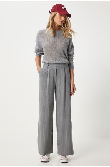 Women's Grey Thin Striped Wide Leg Trousers