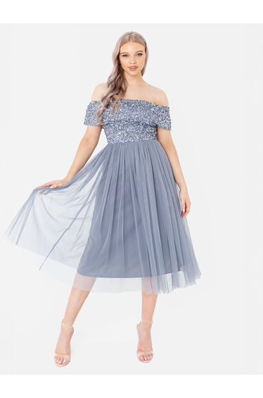 Maya Dusty Blue Bardot Embellished Midi Dress
